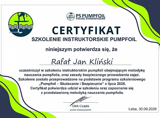 Certyfikat instruktora pumpfoil - Rafał Kliński